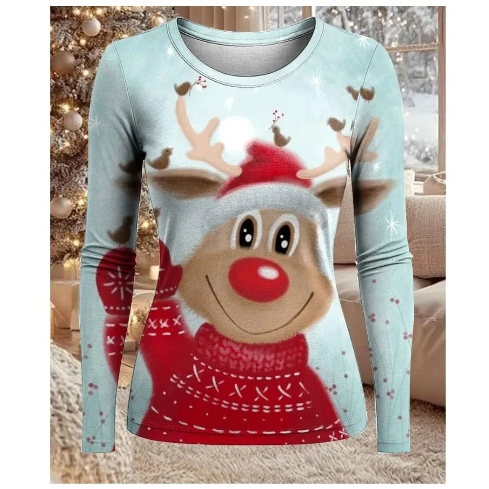 Women's Reindeer Print Long Sleeve Christmas Party Wear Holiday Gift Idea Festive Crew Neck Top Fall Winter Style T-shirts Y2K