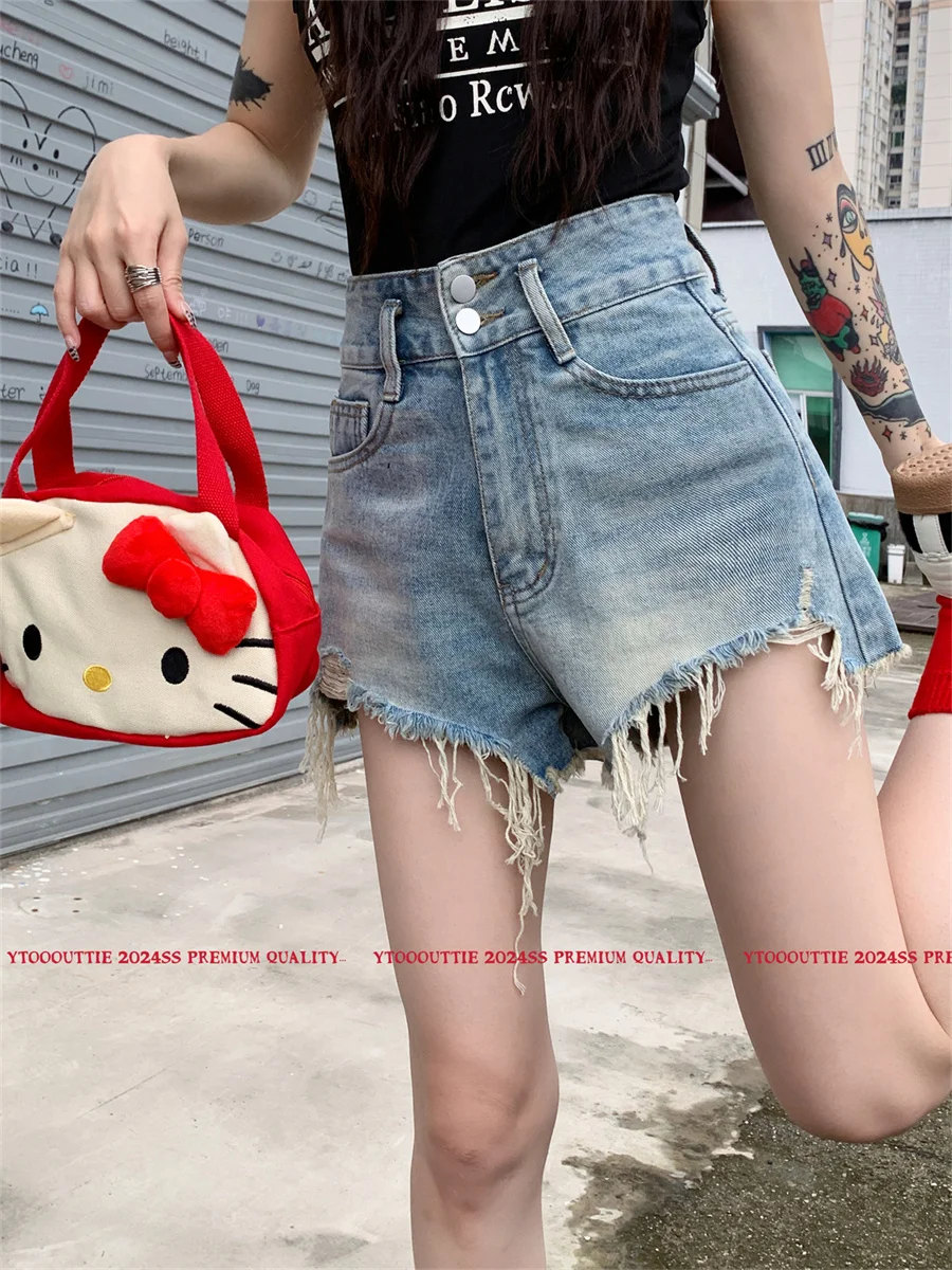 

Slergiri High waist frayed hem denim shorts women summer 2024 new fashion street retro loose wide leg shorts jeans female