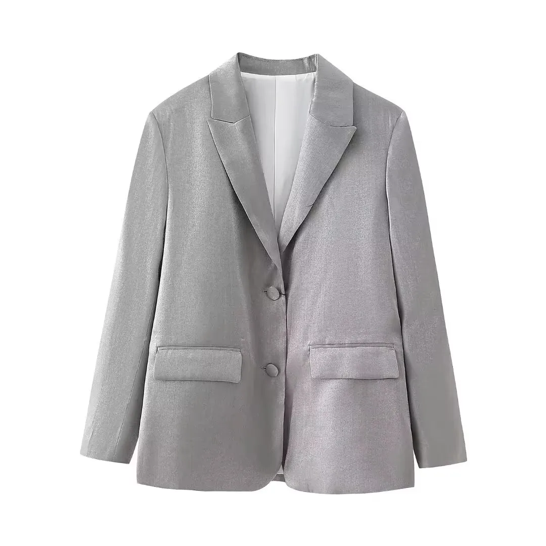 

HH Women Fashion Silver Blazer Coats Single Breasted Long Sleeve Jacket With Pockets Spring Casual Office Lady Chic Outerwear