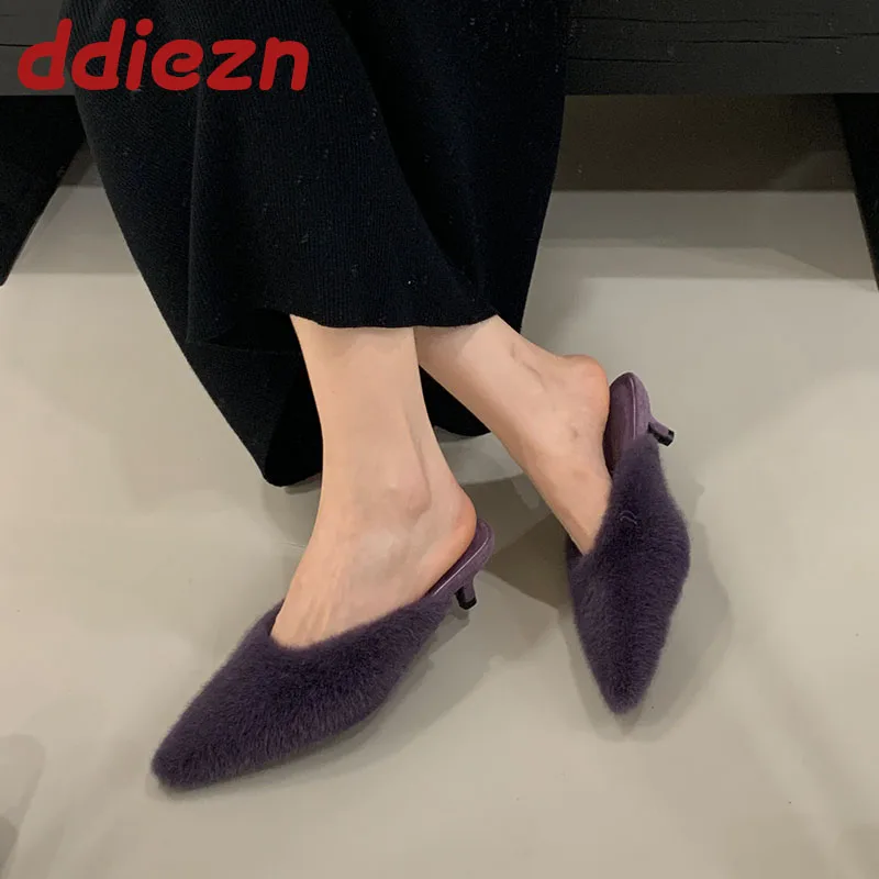 

Модные женские туфли-лодочки на меху на тонком низком каблуке, повседневные уличные женские тапочки, женские туфли-лодочки, шлепанцы, туфли на каблуке