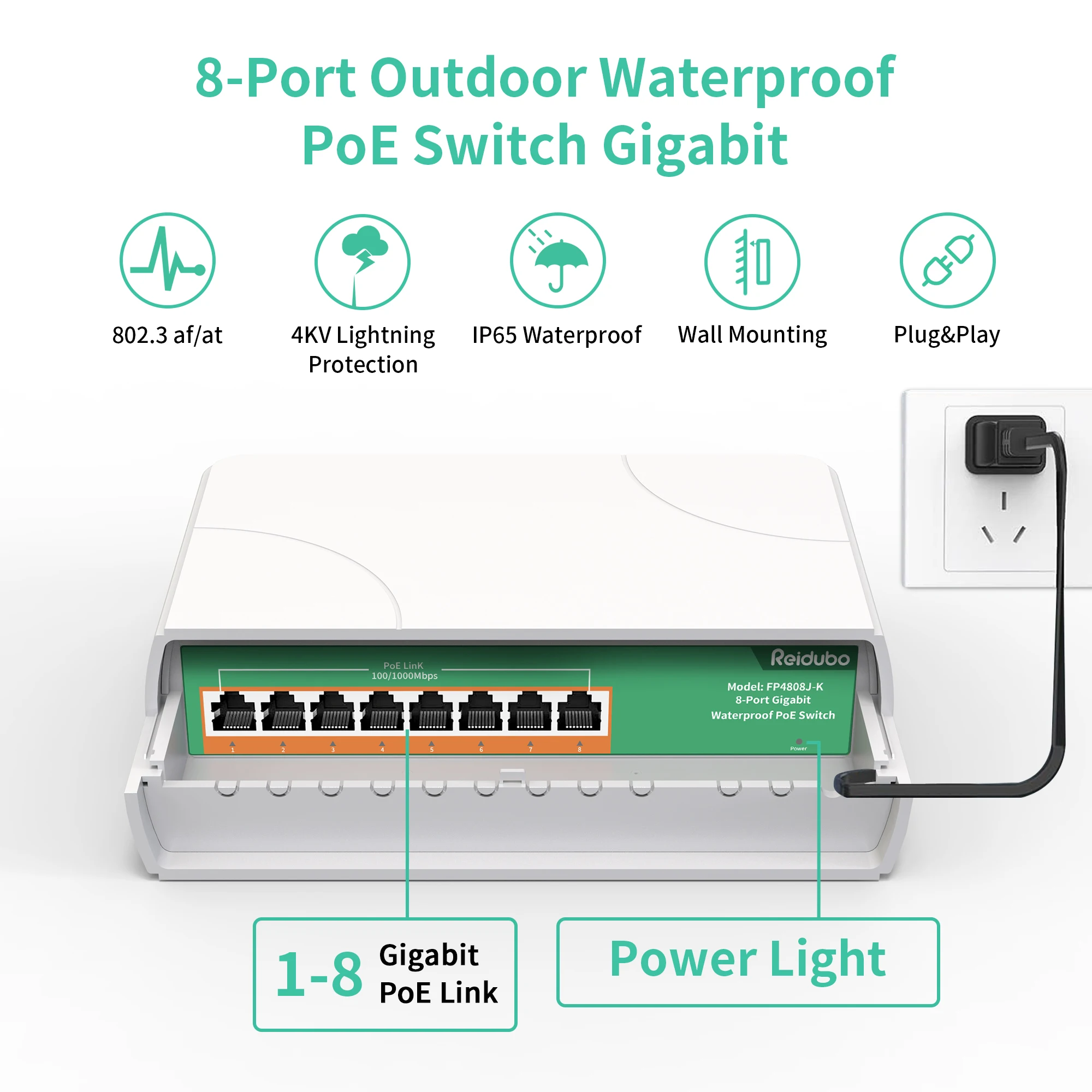 8 Port Gigabit PoE Switch tahan air, 1000 Mbps 120W, ie802.3af/at Power Over Ethernet saklar jaringan luar ruangan yang tidak dikelola