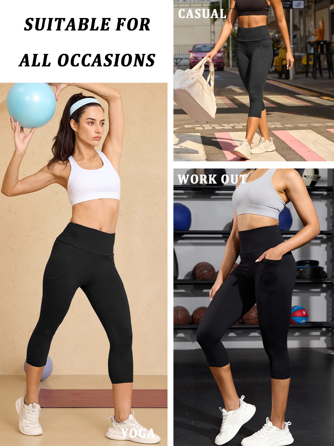 Paquete de 5 pantalones capri de cintura alta para mujer con bolsillos súper suaves sin transparencias entrenamiento correr Yoga gimnasio Leggings