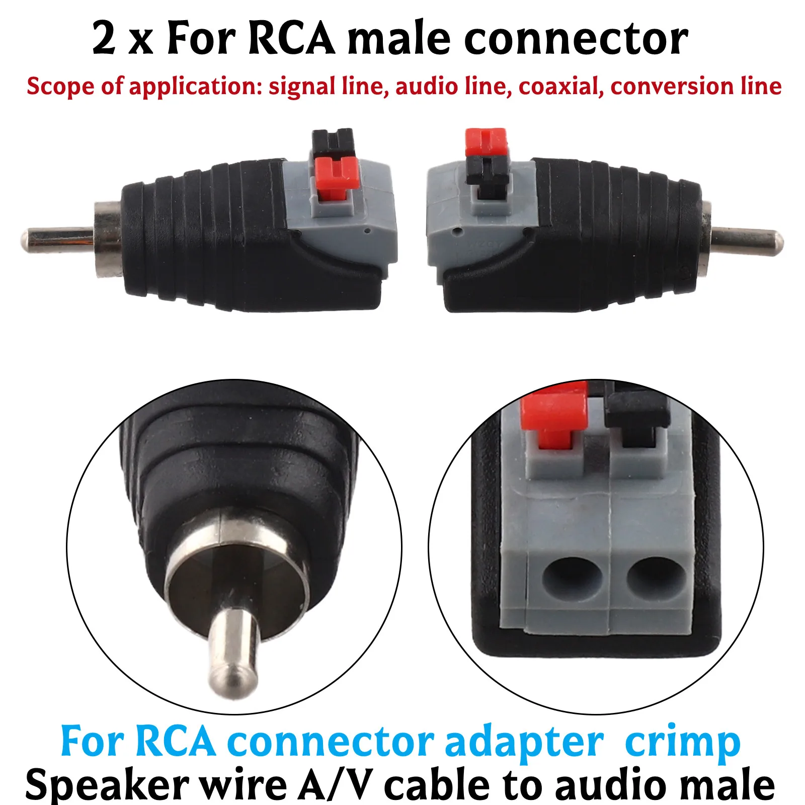 

2PCS Speaker Wire AV Cable To Audio Male RCA Connector Adapter Jack For Superior Audio Quality Push Type Replace Parts