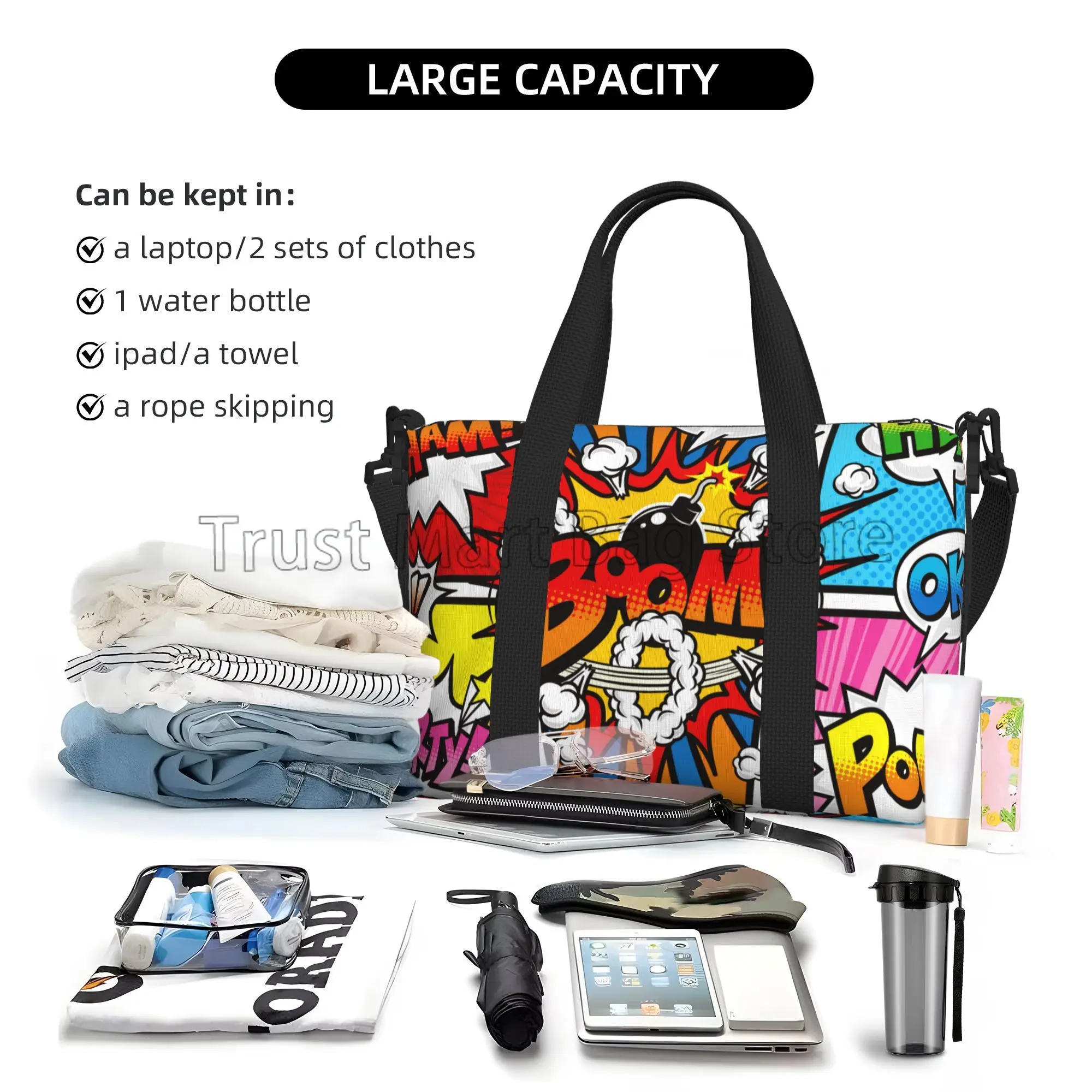 American Comic Book Collection Pop Art Print Hand Travel Bag Multipurpose Weekender Bags Waterproof Luggage Bag for Sports Gym