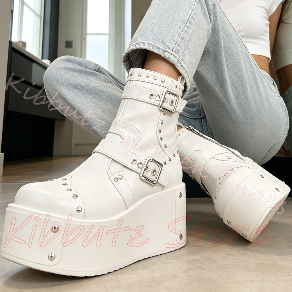 Botines de Plataforma Góticos con Tacón de Cuña, Estilo Punk, con Tachuelas, Correas con Hebillas, Cremallera Lateral, Suela Gruesa, Punta Redonda, Calzado Urbano de Moda