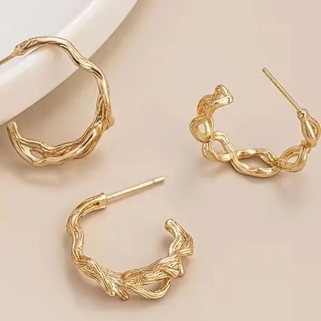 

14K Gold C-Shaped Tree Branch Stud Earrings 925 Sterling Silver Needle Elegant Female Fashion Jewelry