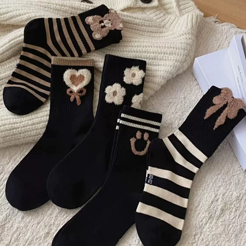 5/10 Pairs Random Color Women's Spring Summer Crew Socks - Ins Trendy Cartoon Bear Print Cute Preppy Style Socks