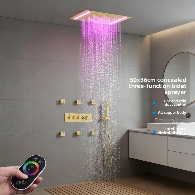 Bathroom LED shower set embedded in top spray digital constant temperature control valve