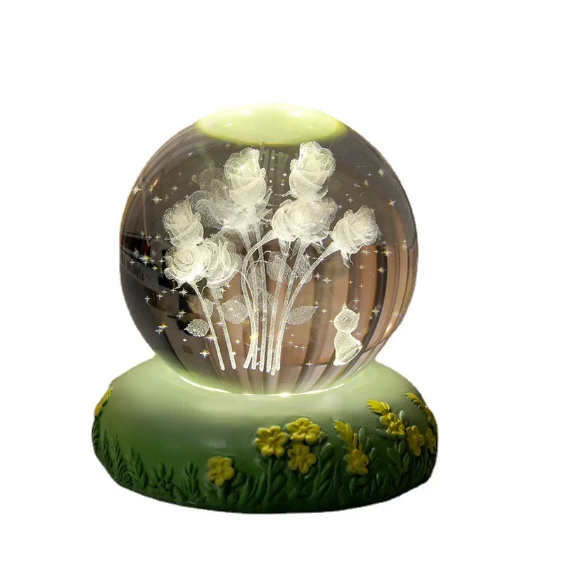 Fresh Pastoral Style Resin Handicraft New 3D Crystal Ball with Carved Glass Ball Inside Night Light Atmosphere Light Decoration