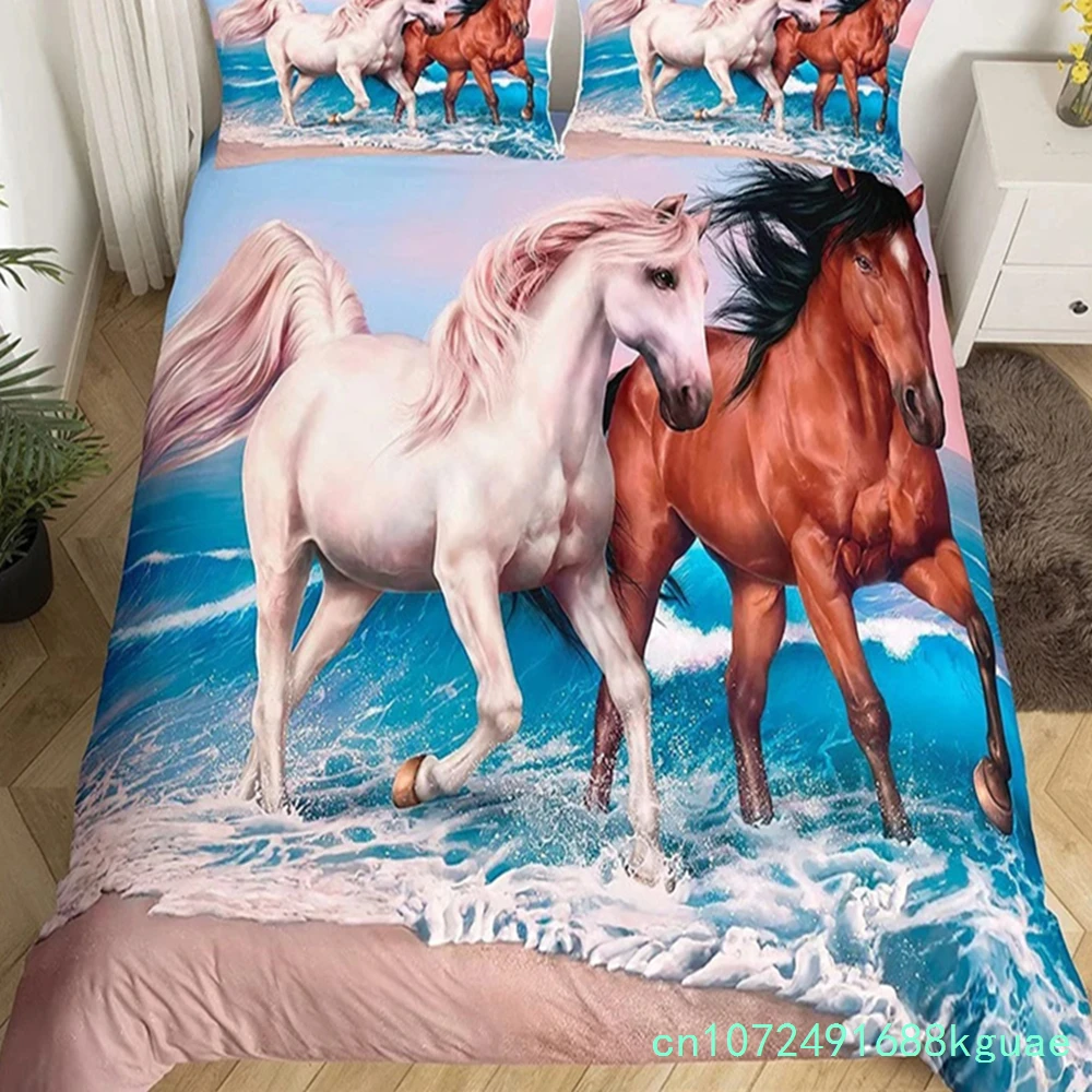 Horse King Queen Bedding Set 3D Galloping Horse Duvet Cover Animal Spring Wildflower Quilt Cover Green Polyester Comforter Cover