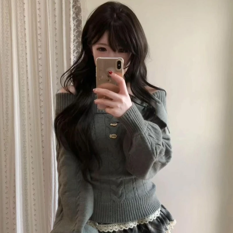 

Japanese Cute Long Sleeve Pullover Knit Patchwork Women Casual Sweet Sweater Slim Kawaii Button O-Neck Solid Bow 2025 Autumn