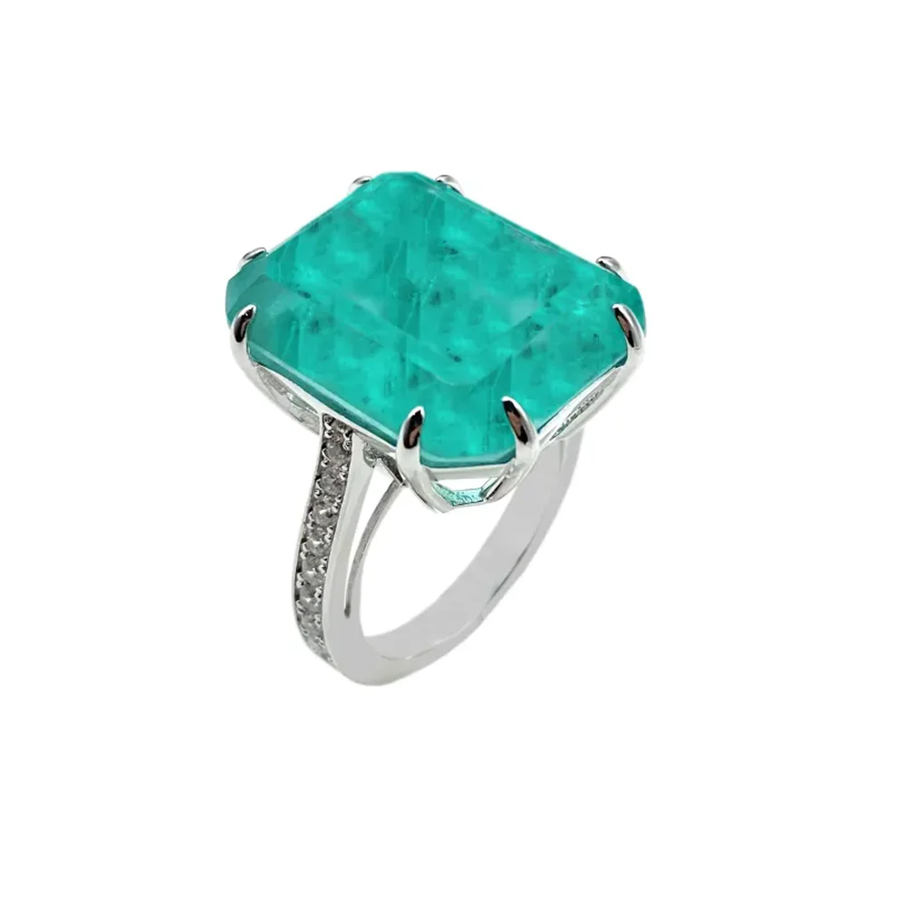 

ARIGAYA Real 925 Silver Large 16*20mm octagonal Light Blue Green Created Paraiba Tourmaline Gemstone Rings Luxury Fine Jewelry