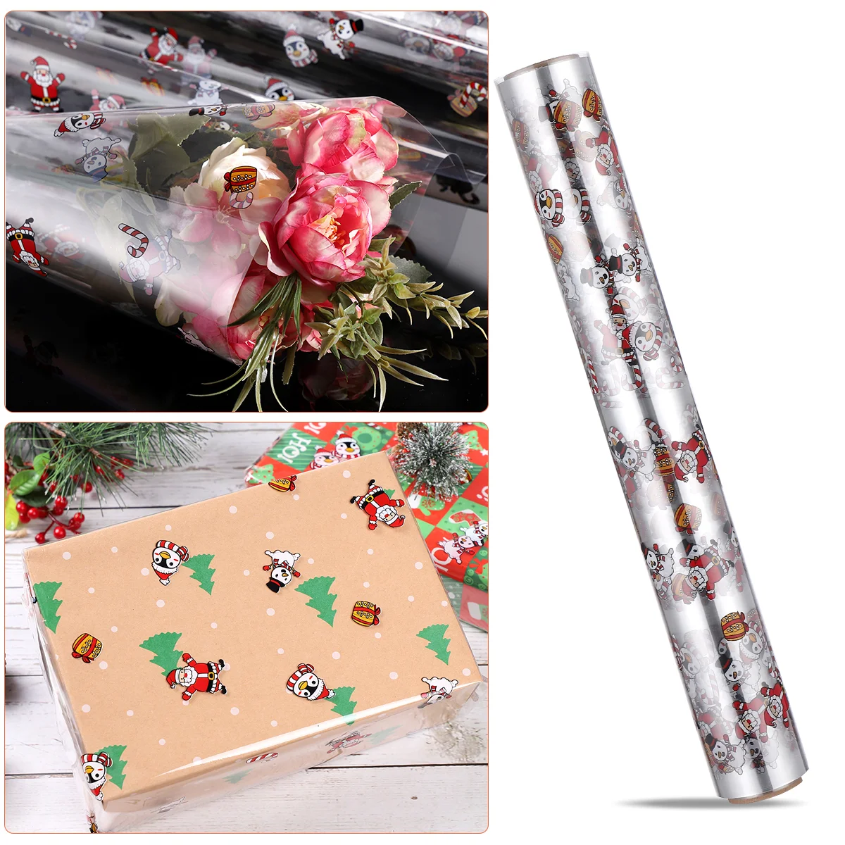 STOBOK Cellophane Wrap 25 Mil Thickness Cellophane Wrap Roll Santa Claus Pattern Design Cellophane Bags to Wrap Gift Baskets Ar