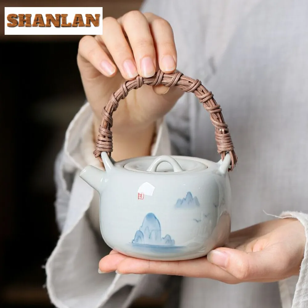 200ml Hand Drawn Landscape Teapot Household Handmade Rattan Teapot Vintage Anti Scald Pot Tea Soaking Kettle Tea Ceremony Gift