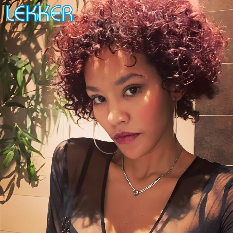 Lekker Colored Short Pixie Afro Kinky Curly Bob 100% Human Hair Wig For Women Brazilian Remy Hair Burgundy 99j Full Machine Wigs