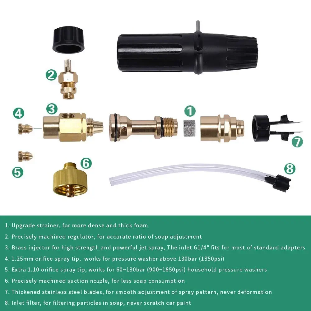 Lança de espuma de neve, bico de lavadora de pressão corporal de latão, gerador de espuma, pistola de sabão para lavagem de carro, pulverizador de neve