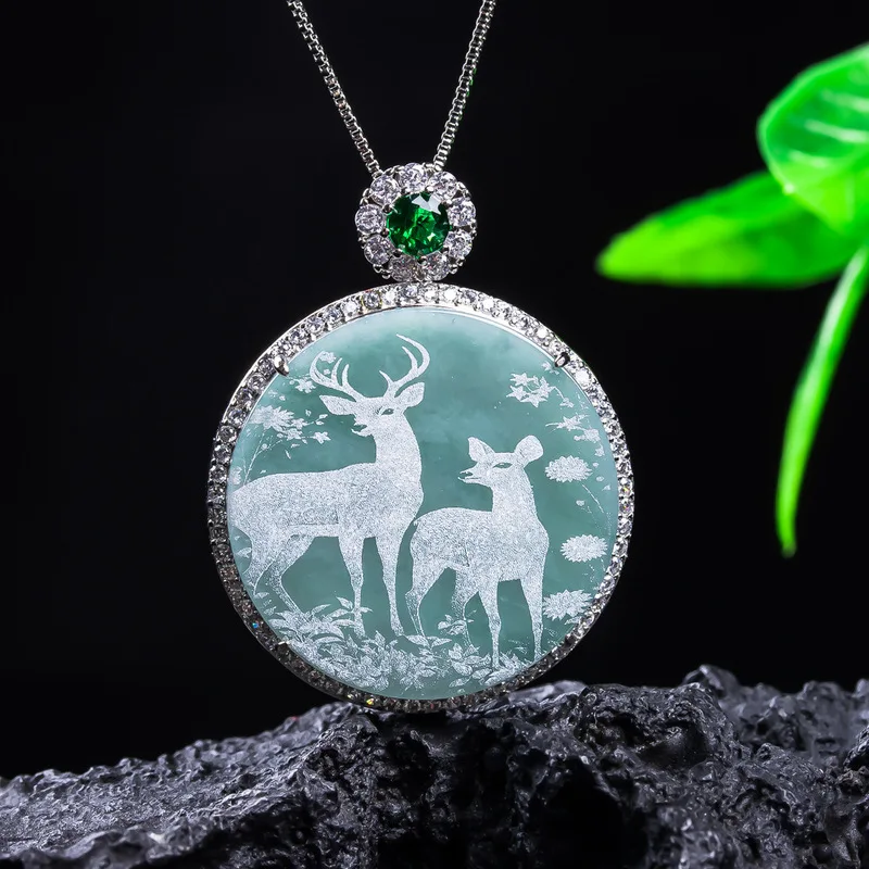 Natural Grade A Jadeite Shadow-Carved Pendant A Deer Always Has You with Chain Necklace, Exquisite Jade Jewelry