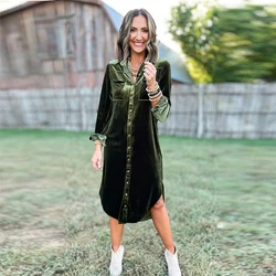 Velvet Casual Loose Irregular Shirt Dresses For Women Fashion Pocket Splicing Long Sleeve Single Breasted Straight Woman Dresse