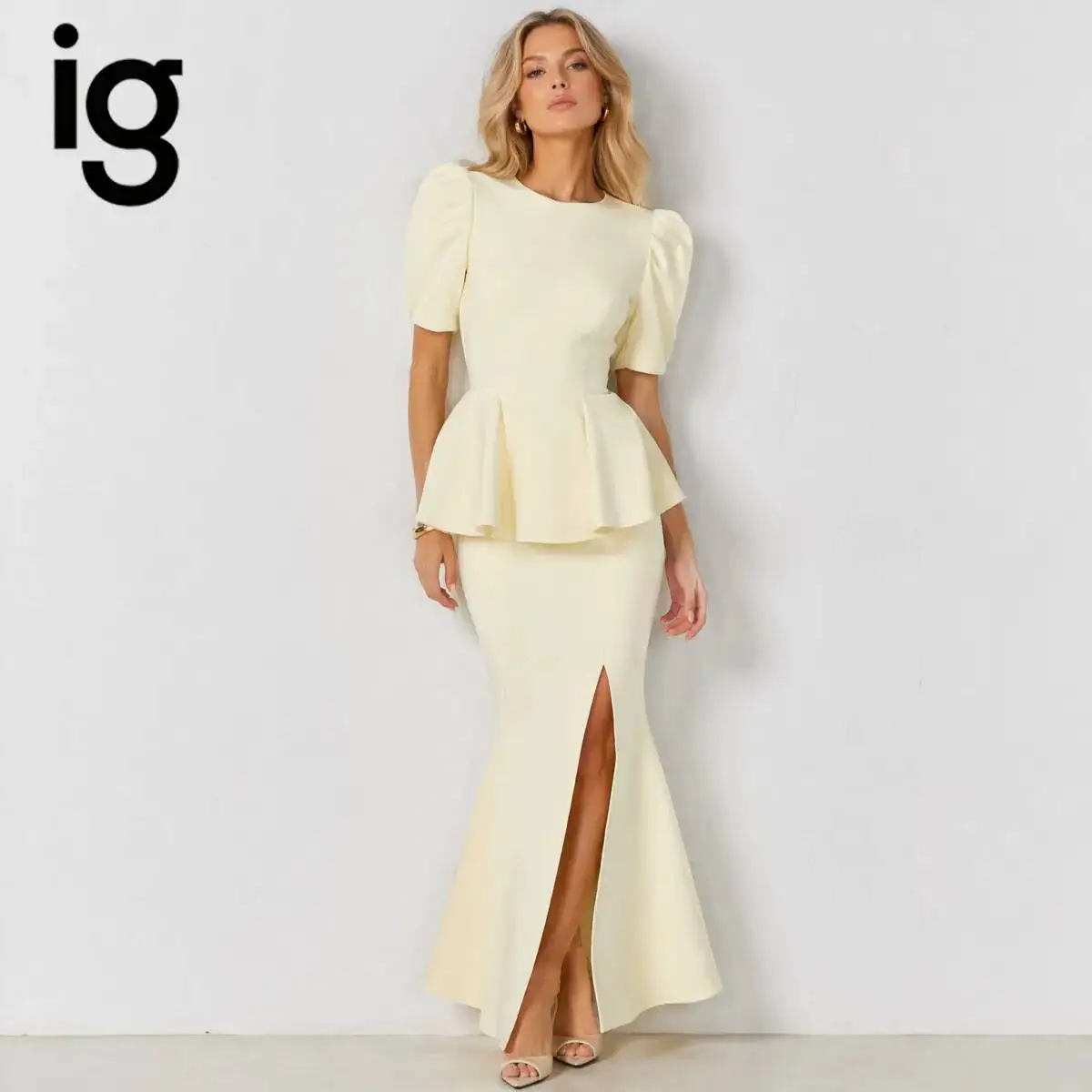 IG 2026 Women's Two Piece Formal Separates Set, Round Neck Puff Short Sleeve Peplum Waist Top & High Waist Front Split Mermaid