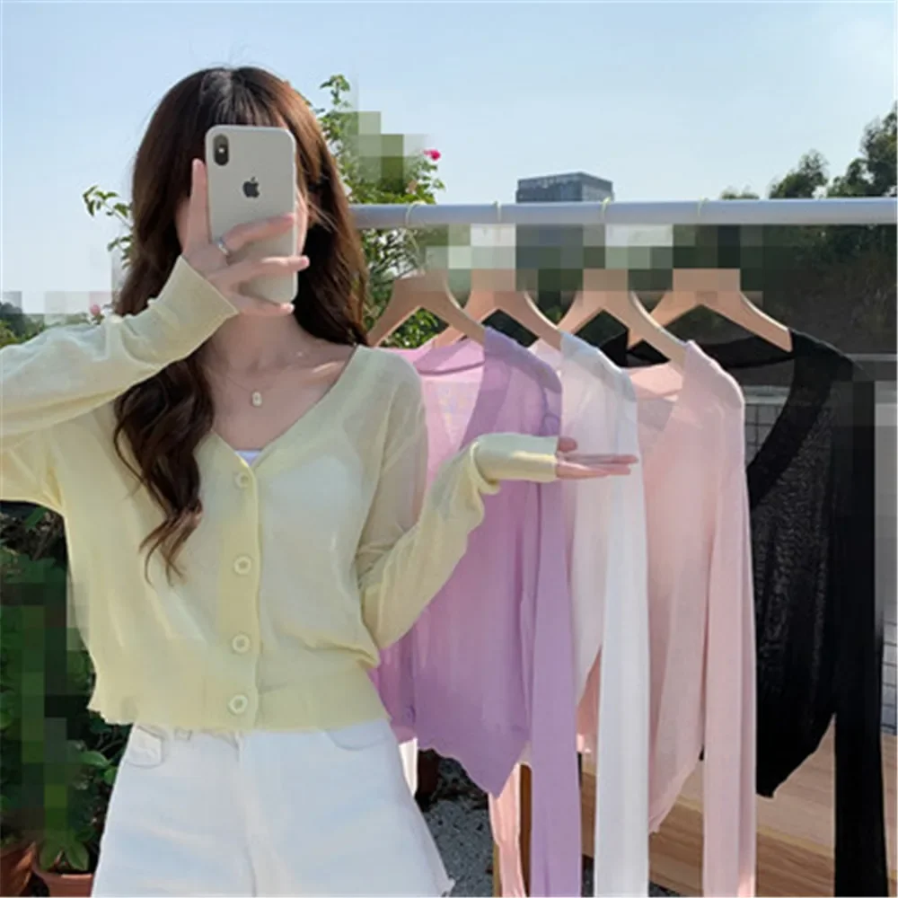 

V-neck Sweet Style Candy Color Basic Daily Korean Cardigan Women Thin Summer Casual Solid Feminino Sun-proof All-match Knitted