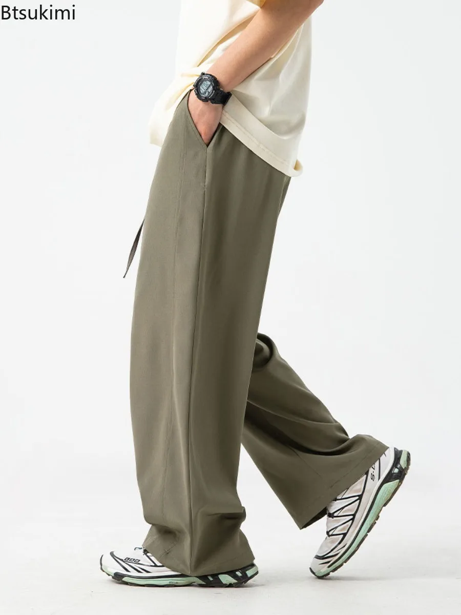 2025 New Summer Ice Silk Casual Pants Men Lightweight and Breathable Fashionmiddle Waist Slacks Straight Loose Drape Trousers