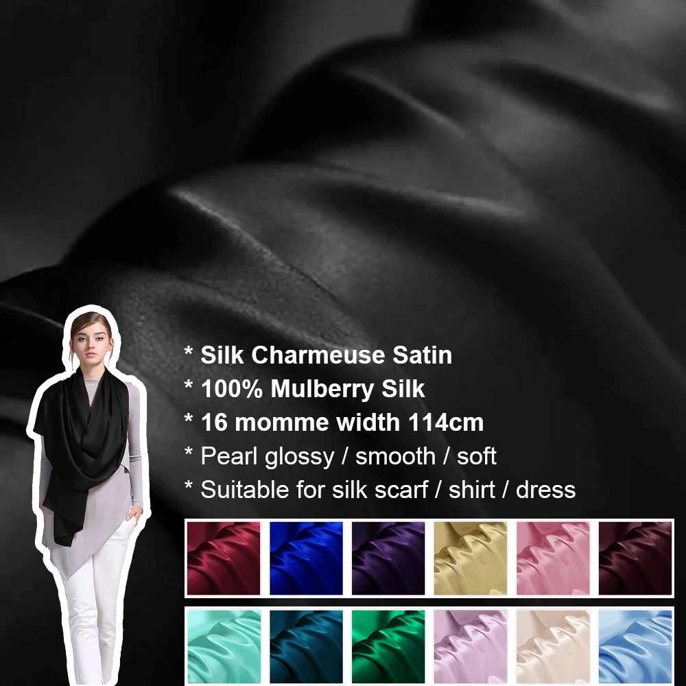 100% Silk Charmeuse Satin Fabric 114cm width 16momme Pure Silk Scarf Shirt Dress Material Sale Per 1 meter