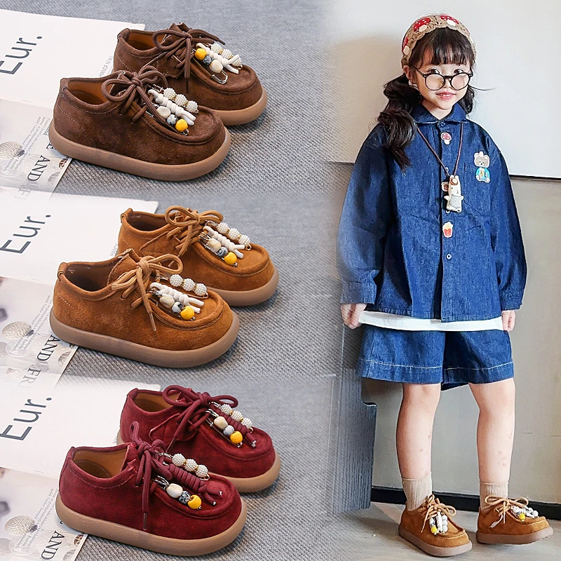 

2025 Children Autumn Girls Round Toe Shoes Retro Style Bottom Shoes Casual Lace-up String Flat Single Shoes