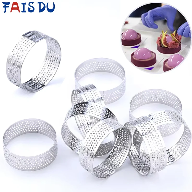 FAIS DU 6cm Mini Tart Ring Stainless Steel Tartlet Mold Small Circle Cutter Pie Ring Heat-Resistant Perforated Cake Mousse Molds