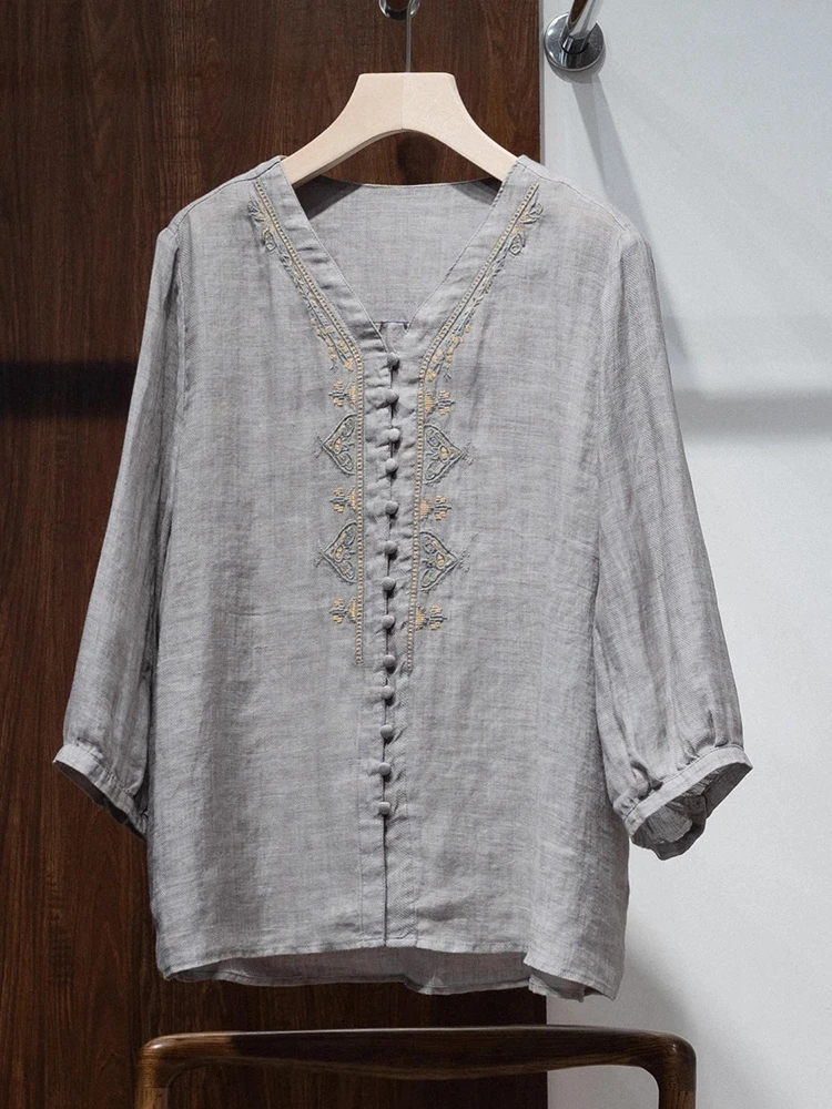 100% Ramie 여성 캐주얼 셔츠 새로운 도착 2025 여름 빈티지 스타일 v-목 자수 느슨한 편안한 여성 탑 셔츠 T639