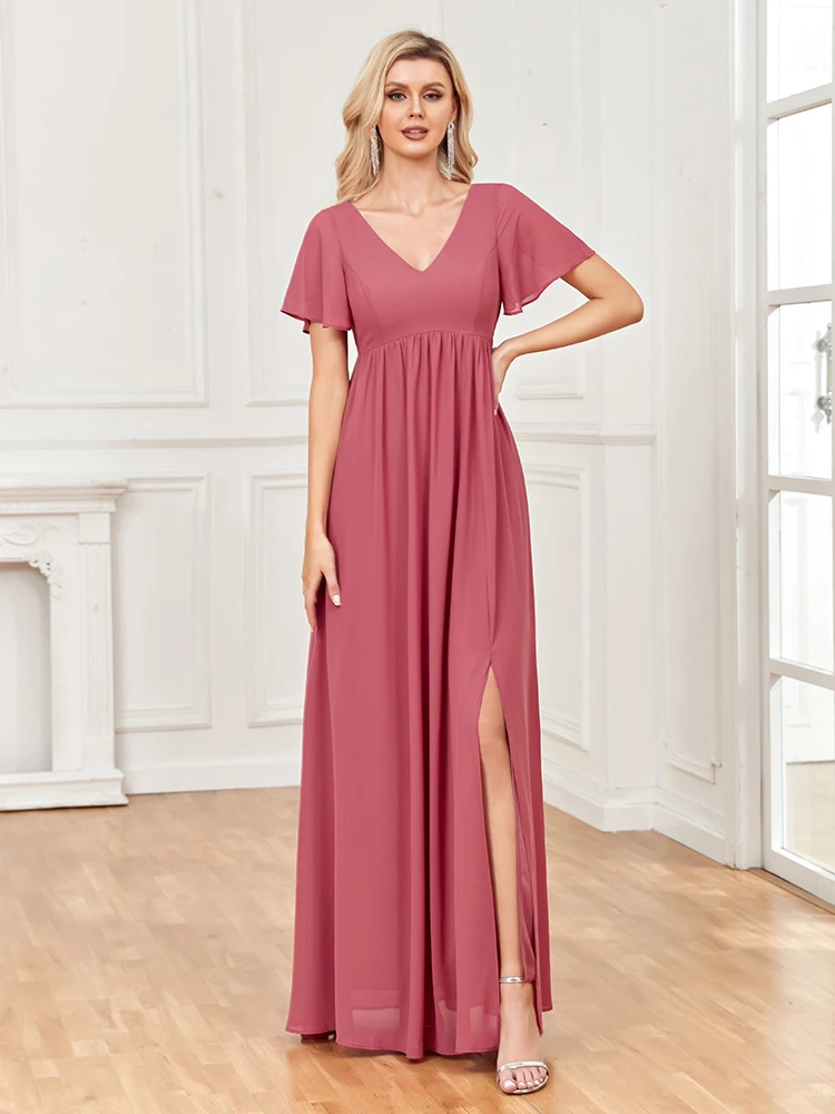 2023 New Spring Summer Chiffon Evening Gowns Double  V-Neck A-line Wedding Party Bridesmaid Dress Side Slit Floor Length Dress