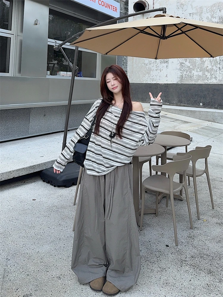 

plus Size Women's Early Autumn Diagonal Collar Shoulder Bared Stripe Sunshade Cover up Wide Leg Pants High Waist Drawstring