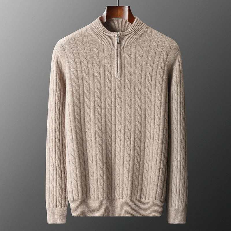 

100% GOAT CASHMERE Knitted Pullover Winter Thickened Men Sweaters Zipper Neck Soft Warmer Full Sleeve Jumpers Male Clothes