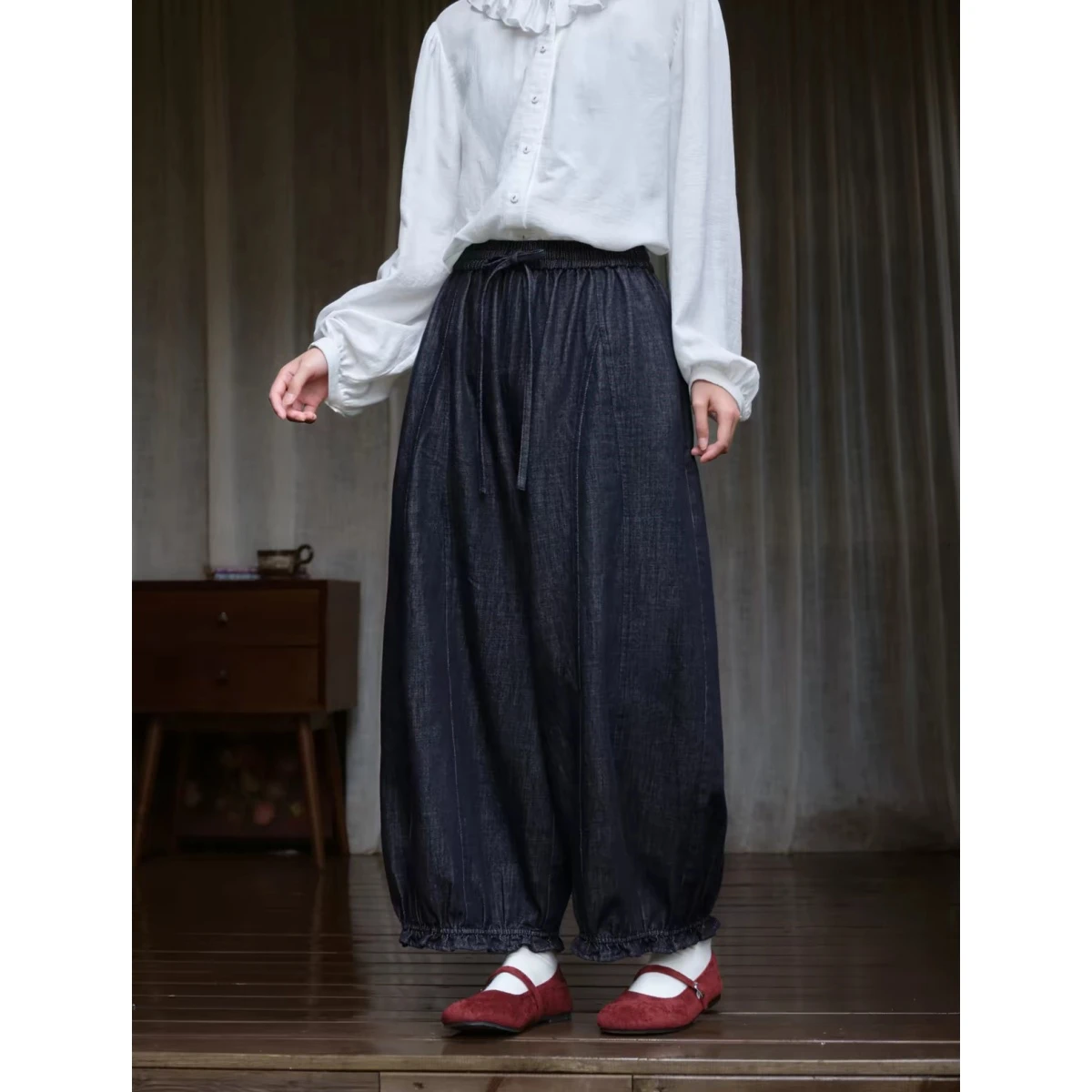 Spring Summer Women Cotton Wide Leg Jeans High Waist Jeans Streetwear Vintage Drawstring Denim Pants Elastic Waist Trousers