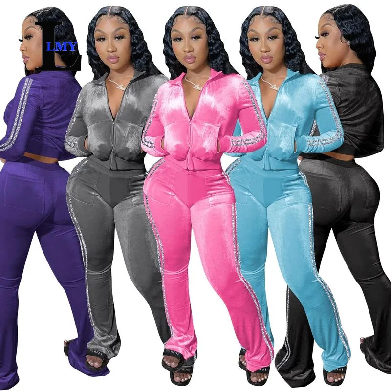 LMY 2024 Solid Color tracksuits set women High Street Velvet Women Wide Leg Pants 2 piece sets women outfit velvet tracksuit wom