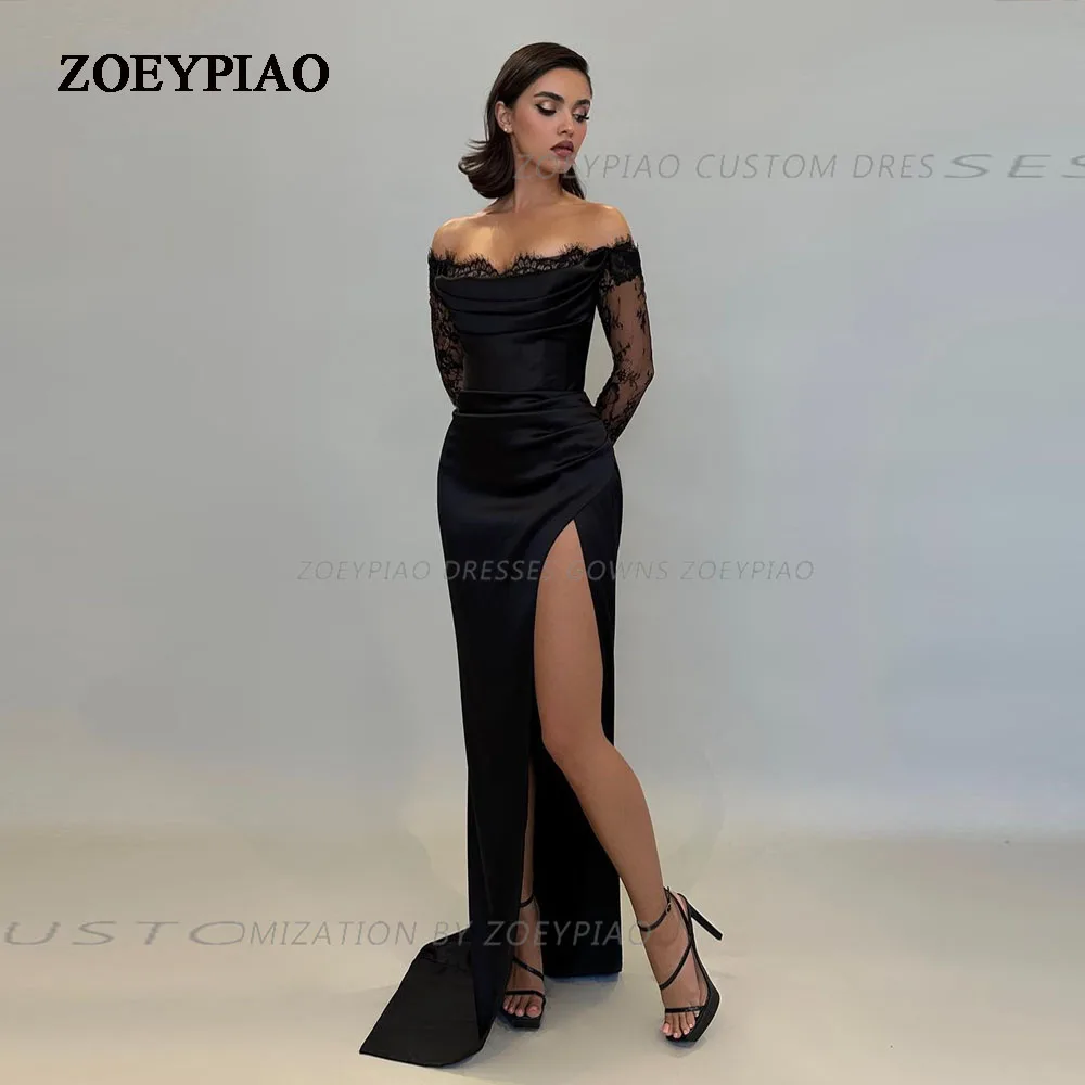 

Black Lace Side Slit Off Shoulder Evening Gown Satin Party Dresses High Slit Full Sleeve Cocktail Club Dress vestidos de noche