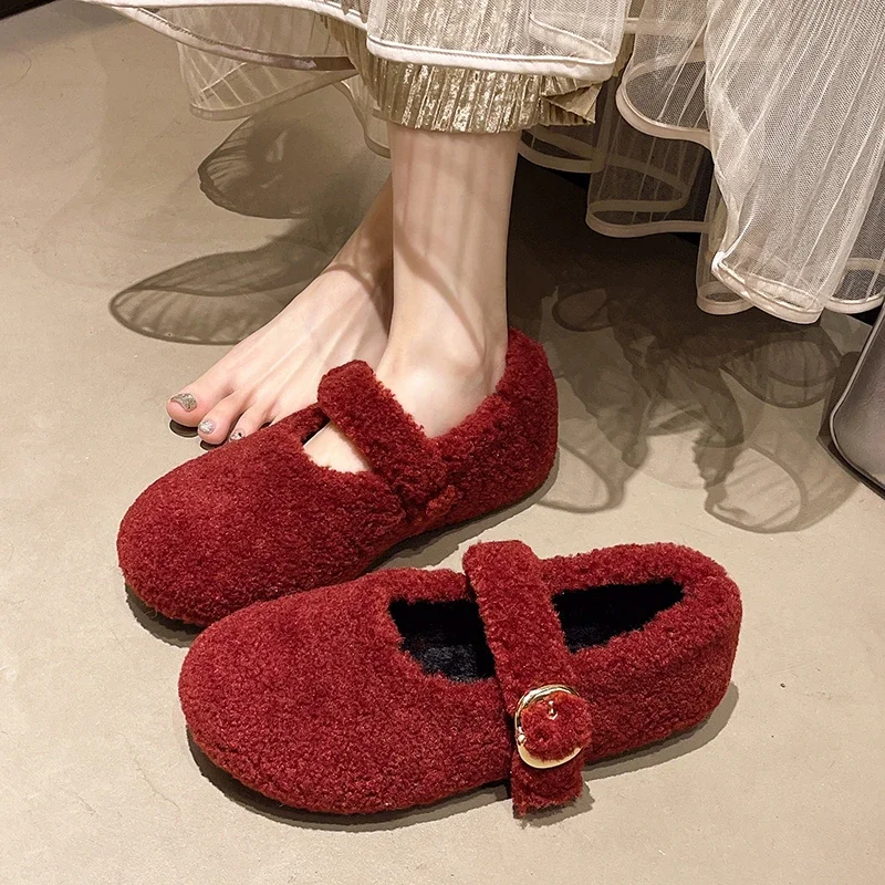 

One-line Strap Plush Shoes Women's Autumn and Winter 25 New Round Toe Shallow Mouth Soft Sole Velvet Cotton Shoes