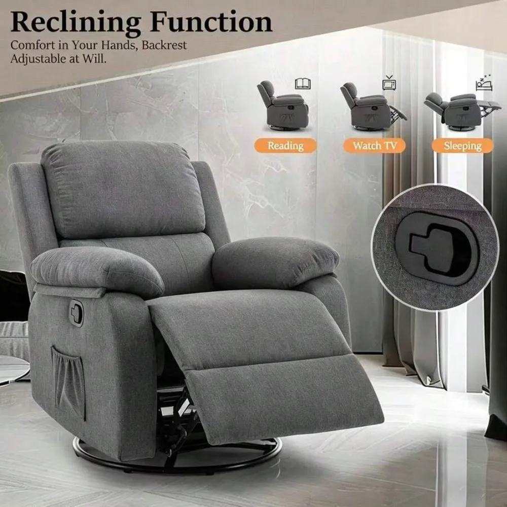 Recliner Chair 360 Swivel Rocker for Adults Small Space Upholstered Fabric Glider with Padded Armrests Modern Living Room Bedroom Reading Room Office Lounge Seating 300lbs Capacity Easy Assembly view 4