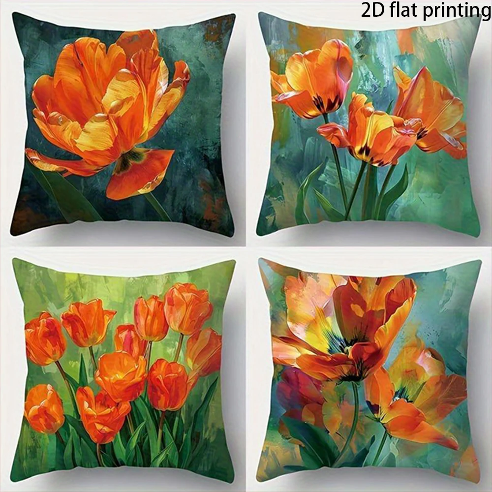 1/4PCS Vintage Orange Tulip Pillow Covers ,Suitable for beds, sofas, lounge chairs, home decoration.