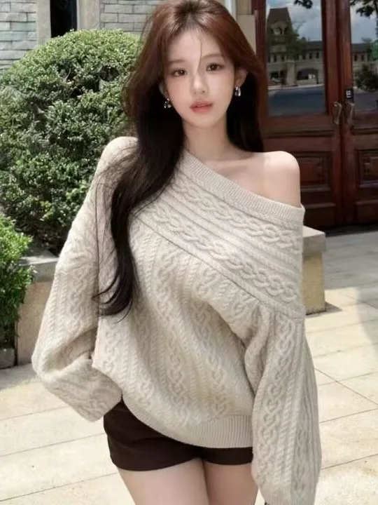 Loose Long Sleeve Twist Sweater Women's Lazy Style Autumn Winter New plus Size Shoulder Bared Pure Desire Top Korean Style