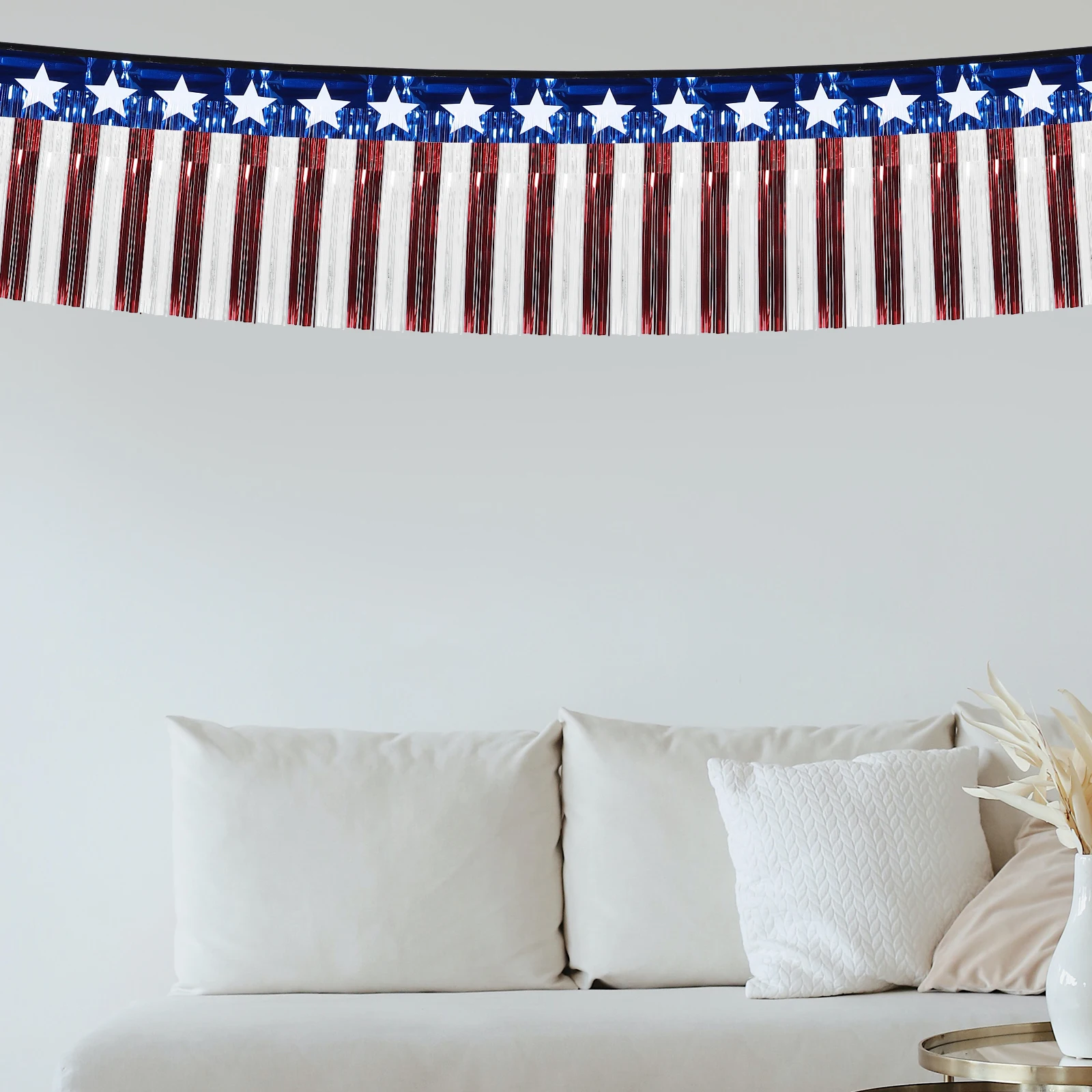 

Independence Day Flag Theme Metallic Tinsel Curtain Patriotic Party Decoration Easy Setup 4th of July Hanging Banner