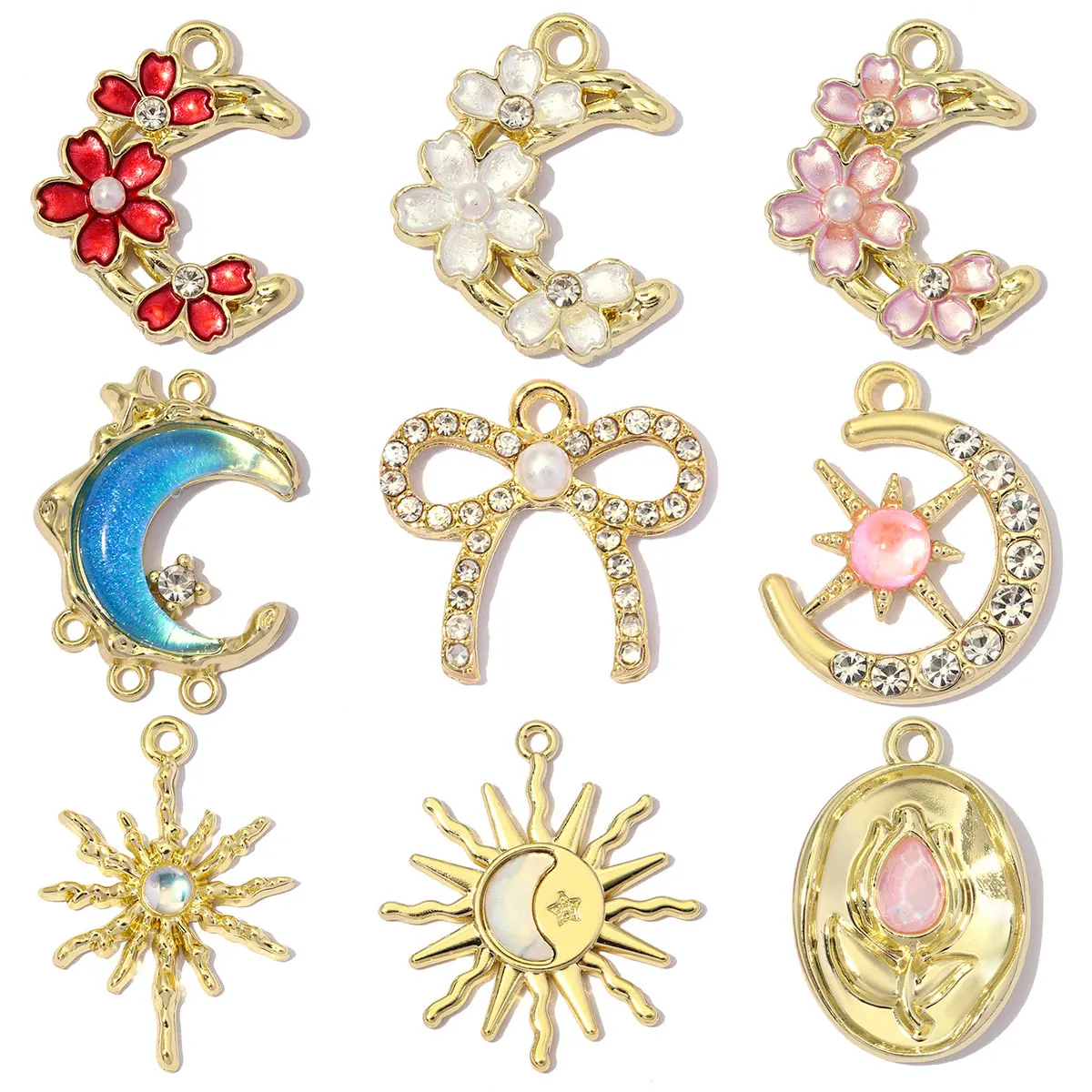 7 Stück/Set Emaille Halbmond Blüte Vergoldeter DIY-Anhänger für Damen, Ovaler Tulpen-Stern Glasstein-Anhänger für Schmuckherstellung