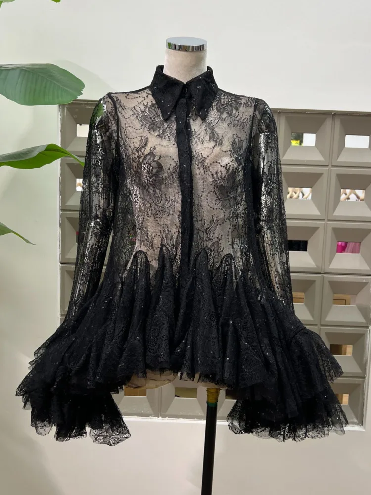 DFDG Women’s Designer Sheer Lace Blouse With Sequin Floral Cut Out Lapel Long Bell Sleeve Spring And Summer Elegant Shirt