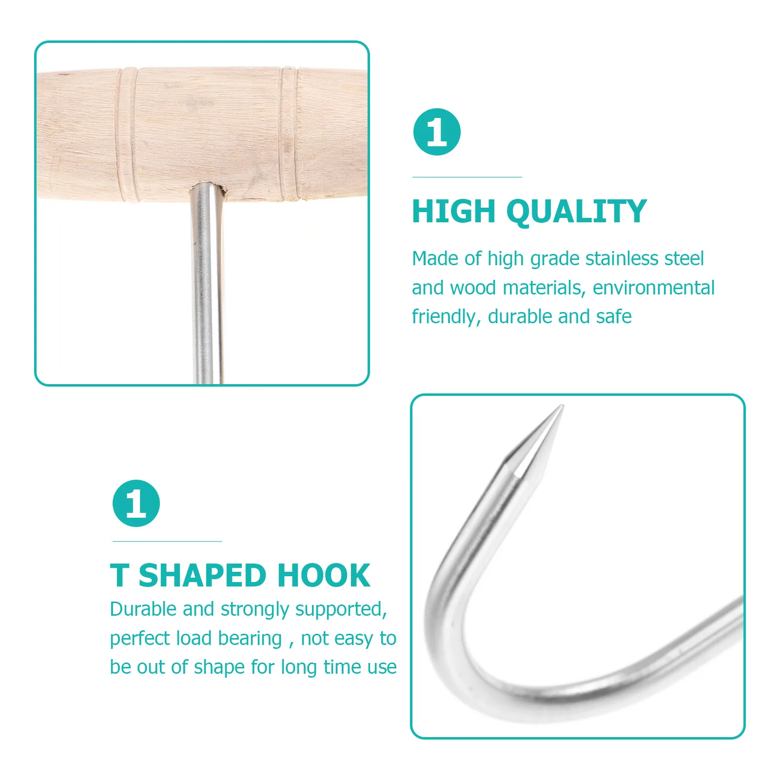 2 قطعة خطافات اللحوم على شكل حرف T من الفولاذ المقاوم للصدأ مقبض خشبي معالجة الجزار أداة معلقة تحمل لـ