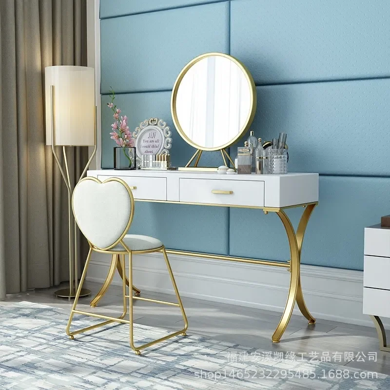 Nordic Wrought Iron Vanity Set with Stool Compact Luxury Makeup Table for Small Bedroom Apartment Home Decor