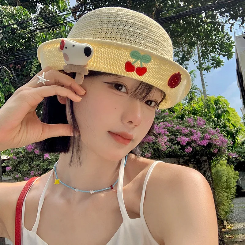 

Корейская милая соломенная шляпа с вишневым щенком, летняя женская пляжная панама, рыбацкая шляпа, панама ручной работы для девочек, вечерние шляпы от солнца