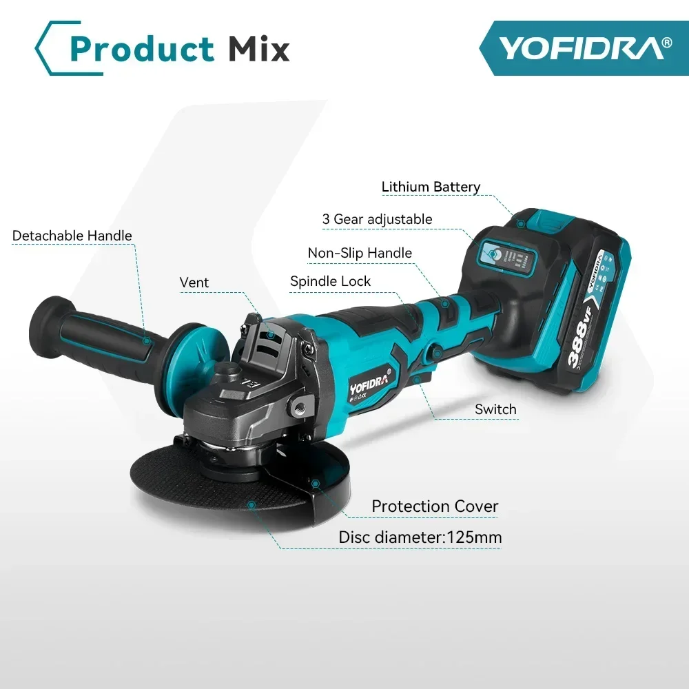 Yofidra 125mm Brushless Electric Angle Grinder 3 Gear Variable Cordless Grinding Cutting Woodworking Tool For Makita 18V Battery