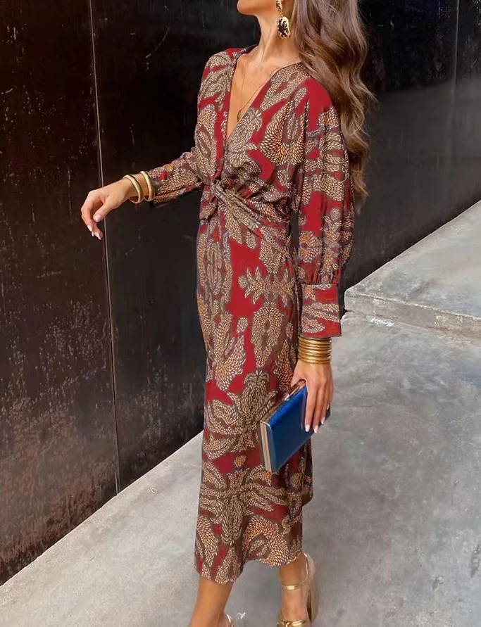 Vrouwen Vintage Bloemenprint Maxi Jurk Boho 3/4 Mouw Oversized Lange Jurk Casual Harajuku v-hals Vakantie Jurk Elegant Gewaad