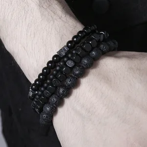 Schwarzes Vulkansteinarmband, Holz, Multi -Layer, männliche Kombination, Gummiband, Paar, Freunde, Mode, Schmuck, 4 Stücke 6 Hauptverkäufe elastische Armbänder - №6