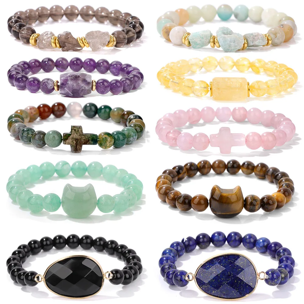 8mm Natuurlijke Edelsteen Elastische Armband Onregelmatige Vierkante Kat Hart Kruis Quartzs Amethisten Kralen Armbanden Voor Vrouwen Mannen Sieraden