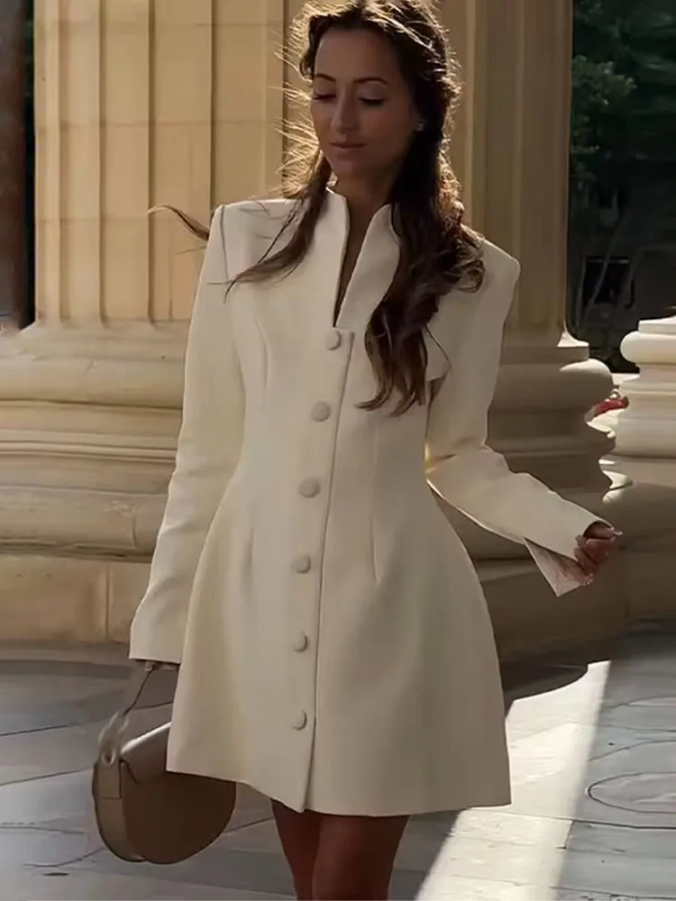 

HH 2026, модные женские новые модные сексуальные платья с v-образным вырезом, однотонные однобортные однобортные женские весенние элегантные мини-платья с длинными рукавами